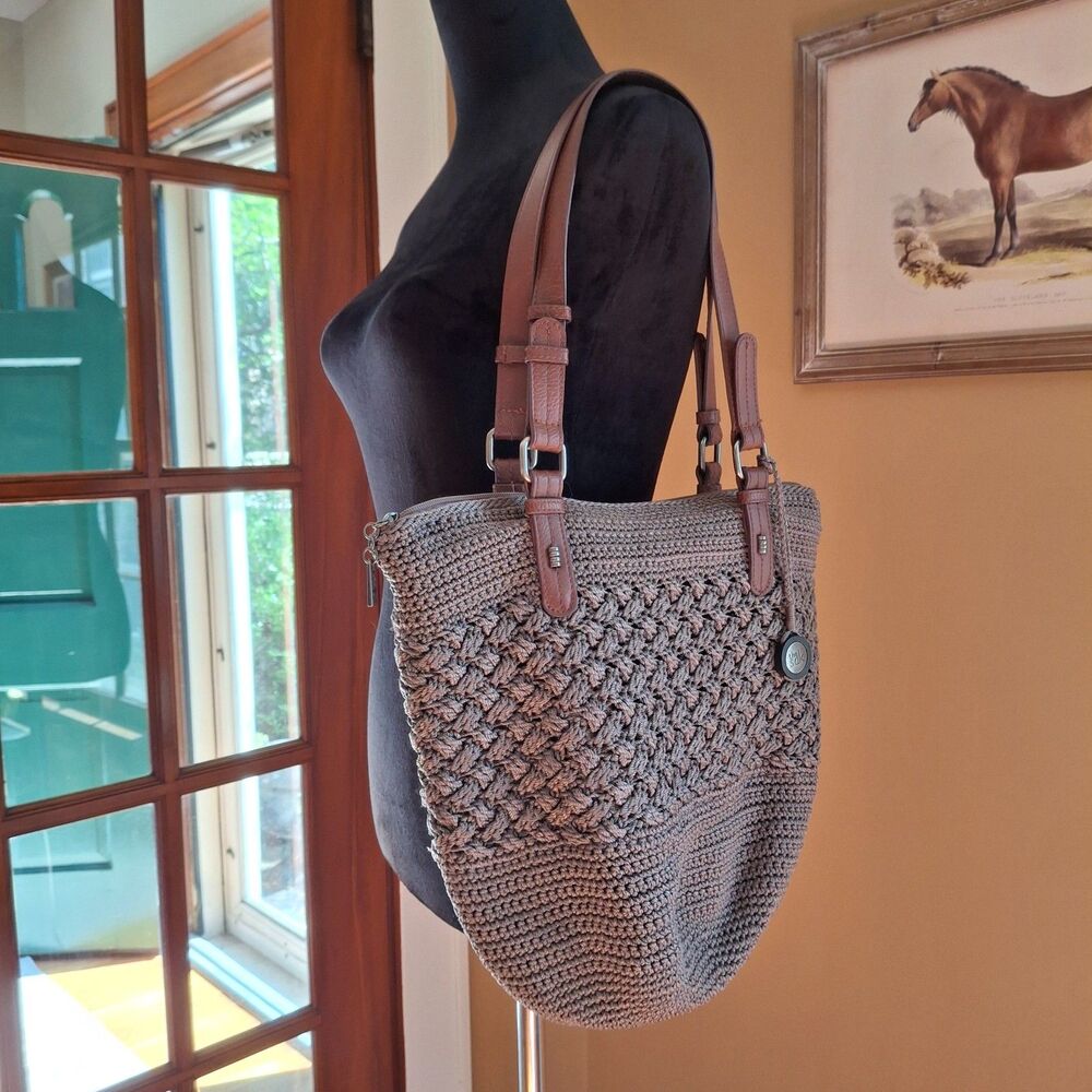 The Sak Crochet Tote Shoulder Bag Taupe/Gray Top Zip